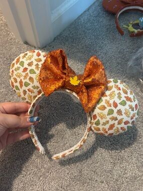 Fall Leaf Sequin Bow Mickey Ear Headband - Orange